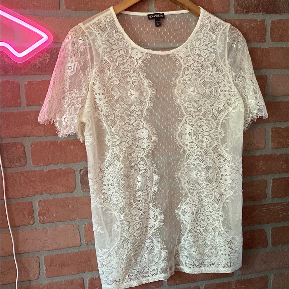 Express Cream Lace Short Sleeve Blouse